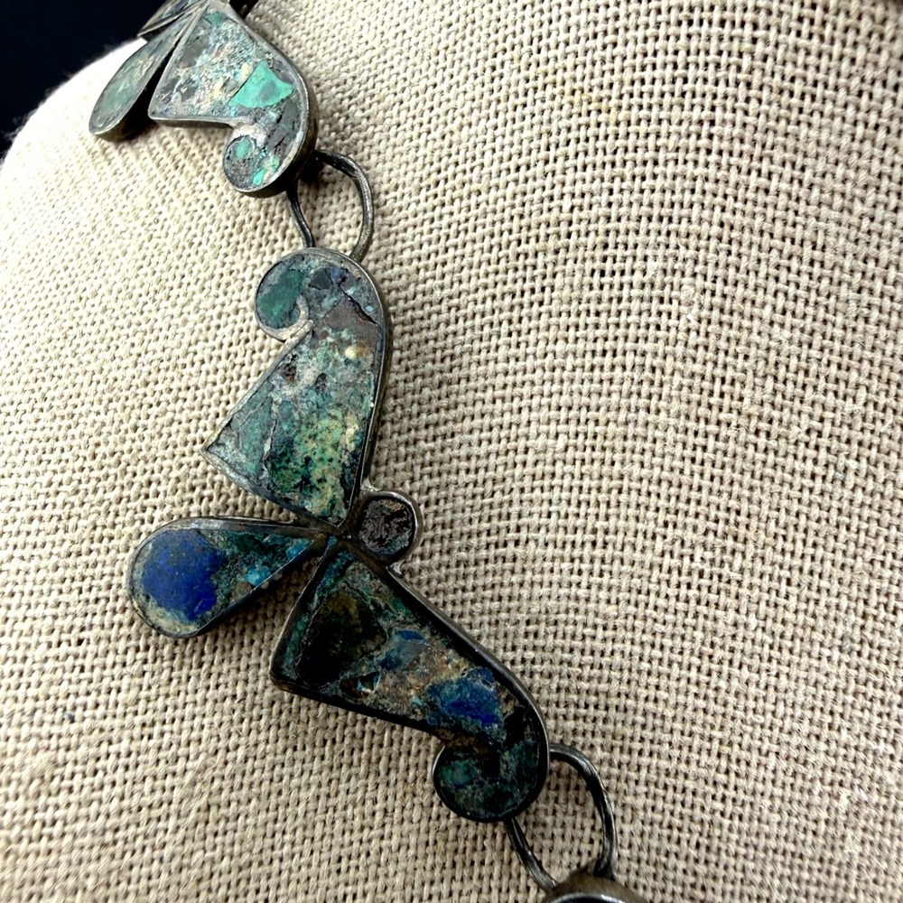 Vintage Mexican Sterling Silver Butterfly Necklace Green Blue Inlay